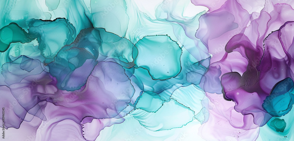 Abstract painting featuring electric turquoise and soft plum alcohol ink, detailed oil textures.