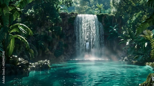  A majestic waterfall plunging into a hidden emerald pool  surrounded by lush tropical foliage. .  