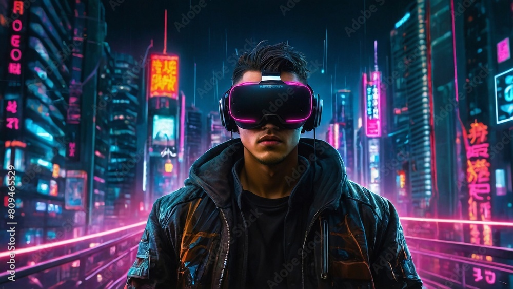 A man wearing a VR headset in the VR gaming city A man wearing a VR headset in the VR gaming city