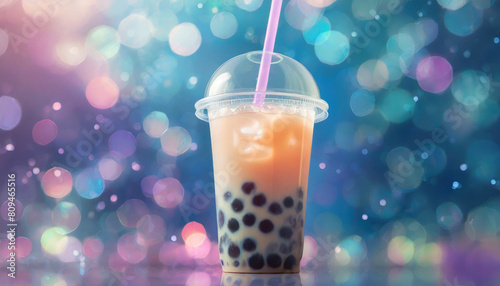 bubble tea in plastic cup with straw with muted ethereal iridescent bubble background hyper 