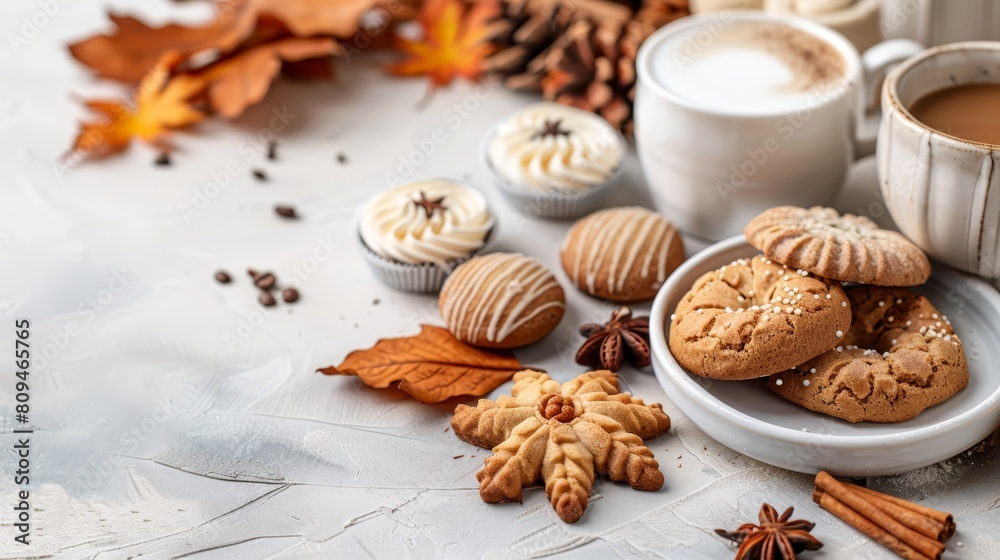   A white plate bears cookies atop it, adjacent to a steaming cup of coffee Nearby, a mound of cinnamon and star anise awaits