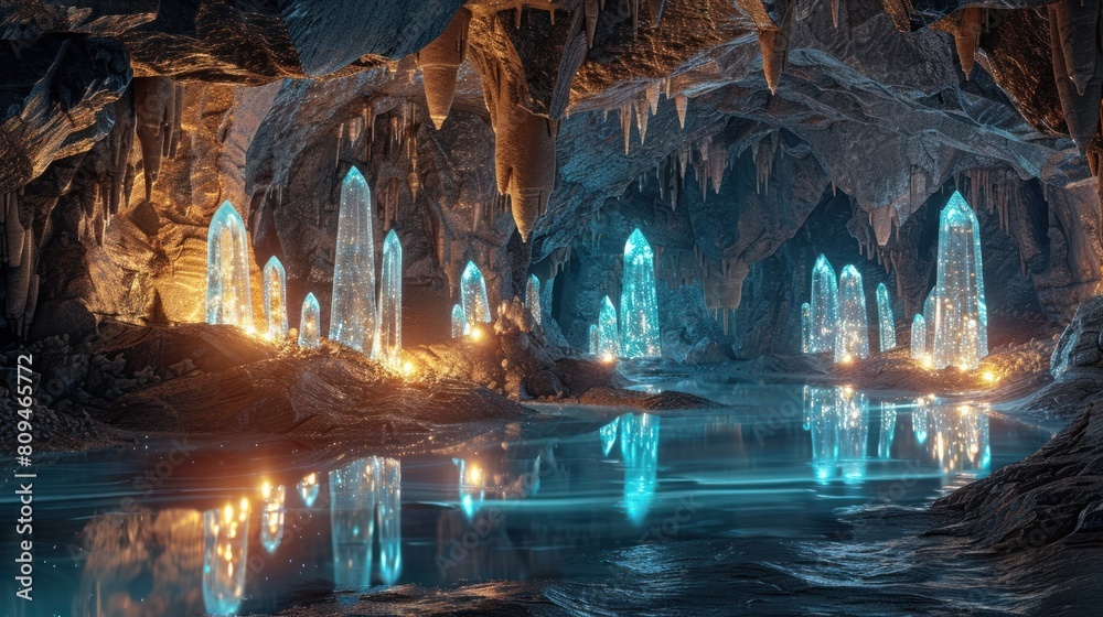 Enchanting Subterranean Cavern Illuminated by Glowing Crystals with Mesmerizing Reflections