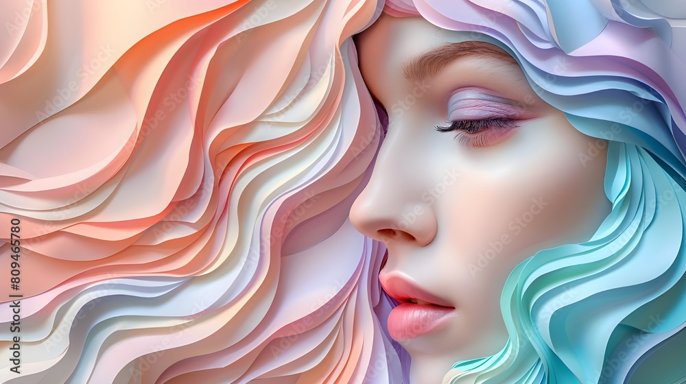  Beautiful fashion model woman in 3D papercut pastel colors illustration, paper craft effect abstract style digital art work. Birthday card, festive season greeting card or beauty product banner.