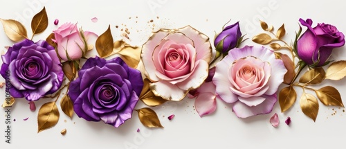 rose petals on white background with copy space for text. Golden alcohol ink watercolor floral bloom banner for Mother’s Day or mauve wedding stationery