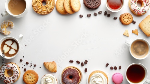   A white table, laden with various doughnut types and coffee cups, each brimming with their respective doughnuts photo