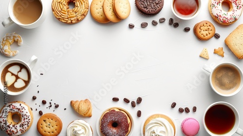   A white table, laden with various doughnut types and coffee cups, each brimming with their respective doughnuts