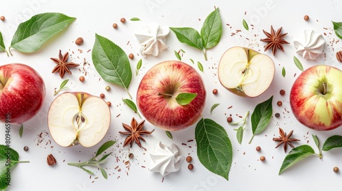   A collection of apples aligned on a pristine white tabletop Nearby, apple leaves and star anise rest separately photo