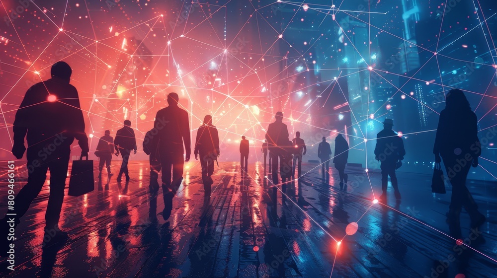 People walking in a busy city street with colorful lights at night. People walking in a busy city street with colorful lights at night.