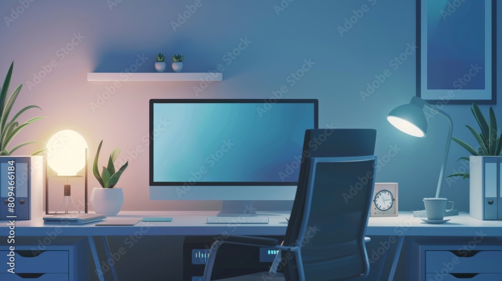 modern, minimalist office scene in a 3D illustration style, featuring a sleek, digital workspace with a high-resolution computer, ergonomic chair, and ambient lighting modern, minimalist office scene in a 3D illustration style, featuring a sleek, digital workspace with a high-resolution computer, ergonomic chair, and ambient lighting