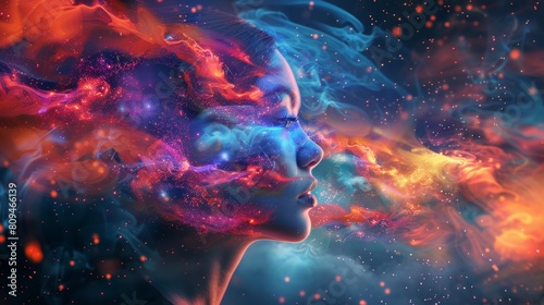 Gazing into the cosmos, a woman finds her spirit soaring amidst the vibrant hues of a nebula.