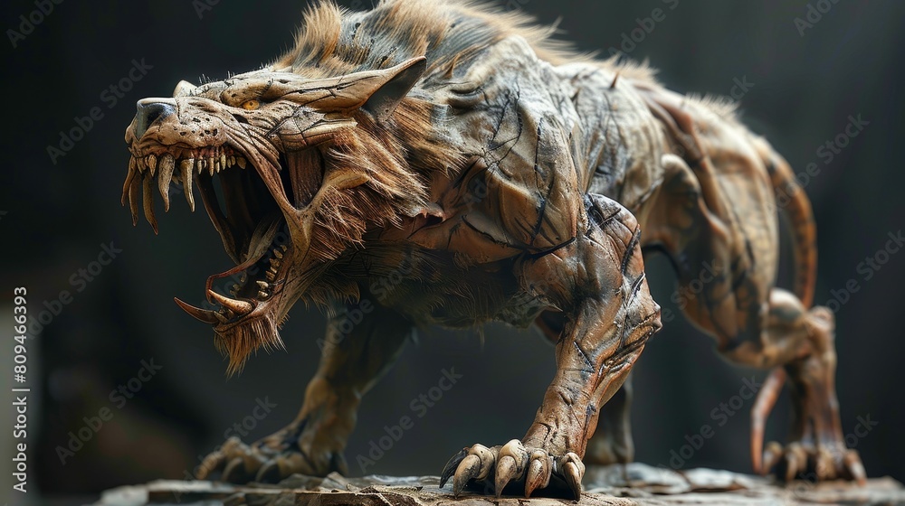 The creature looks like a mix between a wolf and a hyena The creature looks like a mix between a wolf and a hyena