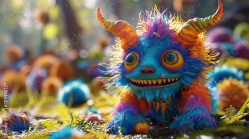 The colorful creature is sitting on the grass and looking at the camera