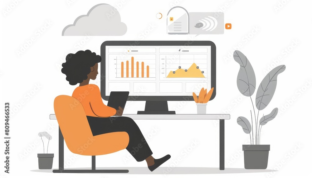 A business professional analyzing a cloudbased profit dashboard, sharing it via video conference A business professional analyzing a cloudbased profit dashboard, sharing it via video conference