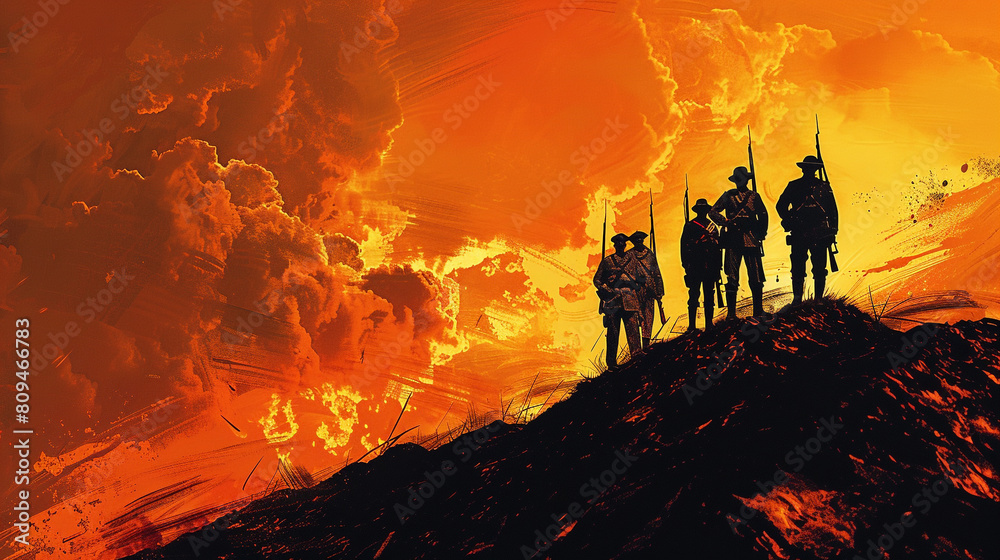 An abstract interpretation of veterans from different eras (Civil War WWI WWII modern) standing together on a hill silhouetted against a fiery orange sky blending historical and modern elements.