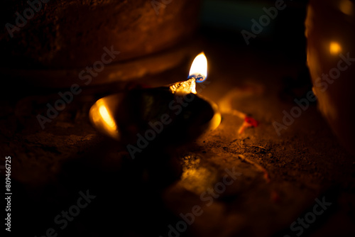 holy copper oil lamp burning at home offerings for almighty god at night