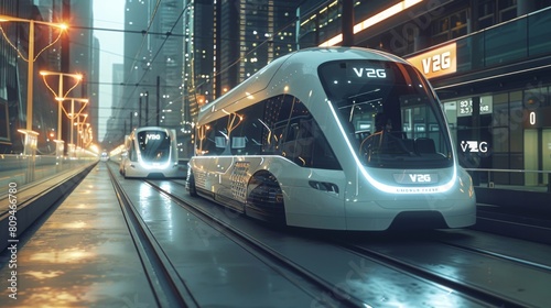 scene with futuristic public transport vehicles like buses and trams using V2G in a sleek, futuristic style photo