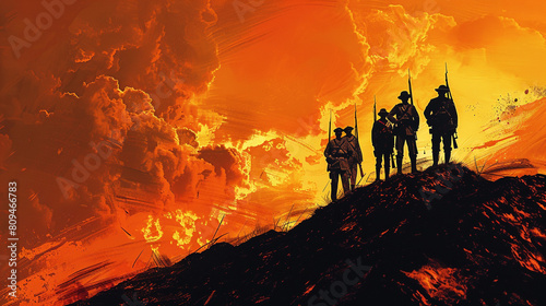 An abstract interpretation of veterans from different eras (Civil War WWI WWII modern) standing together on a hill silhouetted against a fiery orange sky blending historical and modern elements. photo