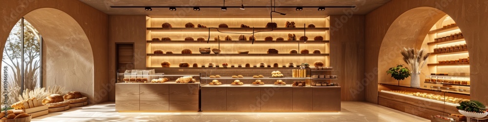 Contemporary Bakery Showcasing Artisanal Breads Pastries and Desserts with Sleek Minimalist Decor