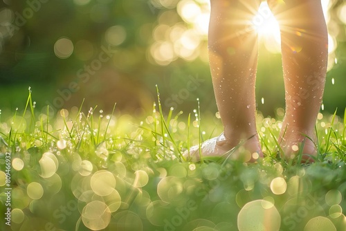 A childs small feet standing on a dewy grass field, early morning sunlight causing a bokeh