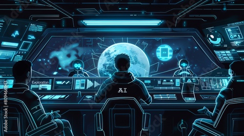 space station control room in a sci-fi style, with astronauts and AI systems monitoring planetary explorations