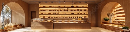 Contemporary Bakery Showcasing Artisanal Breads Pastries and Desserts with Sleek Minimalist Decor
