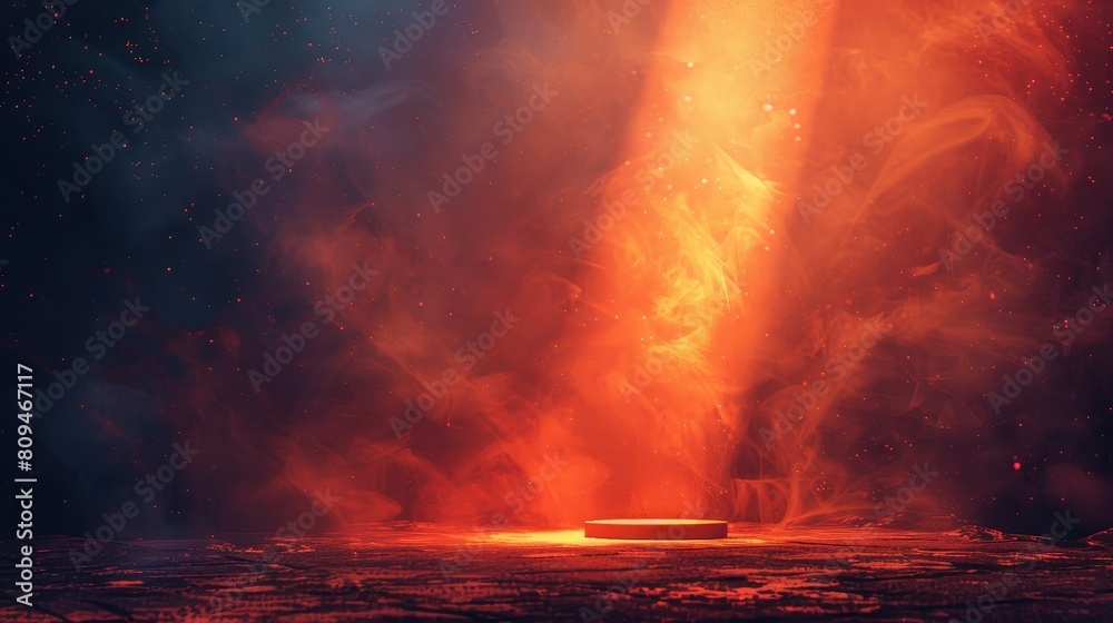 The image shows a pillar of fire rising up from a dark background. The fire is orange and yellow, and it is surrounded by smoke.
