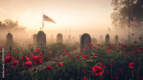 A calm morning scene with tombstones surrounded by red poppies and American flags under a soft fog creating a muted backdrop for Memorial Day greetings. photo