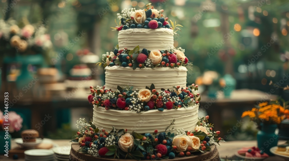 A three-tiered cake adorned with berries and flowers sits prominently on a table, surrounded by other desserts A three-tiered cake adorned with berries and flowers sits prominently on a table, surrounded by other desserts