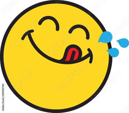 Yummy face happy smile vector cartoon line emoticon with tongue lick mouth. Delicious tasty food eating emoji face on yellow design background Yum icon vector