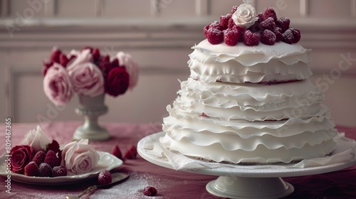  A white cake sits atop a table Nearby, a plate holds red raspberries