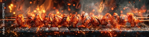 Succulent Chicken Skewers Grilled Over Roaring Flames with Dramatic Smoke and Fire photo