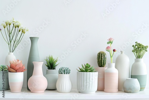 A collection of pastel ceramic vases and planters arranged on a modern, minimal shelf photo
