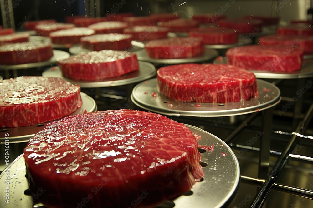 Lab technicians cultivate meat in petri dishes for sustainable food production in biotech lab. Lab technicians cultivate meat in petri dishes for sustainable food production in biotech lab.