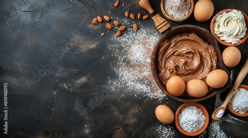   A bowl of chocolate frosting sits atop a black stone countertop, encircled by bowls of eggs and spoons