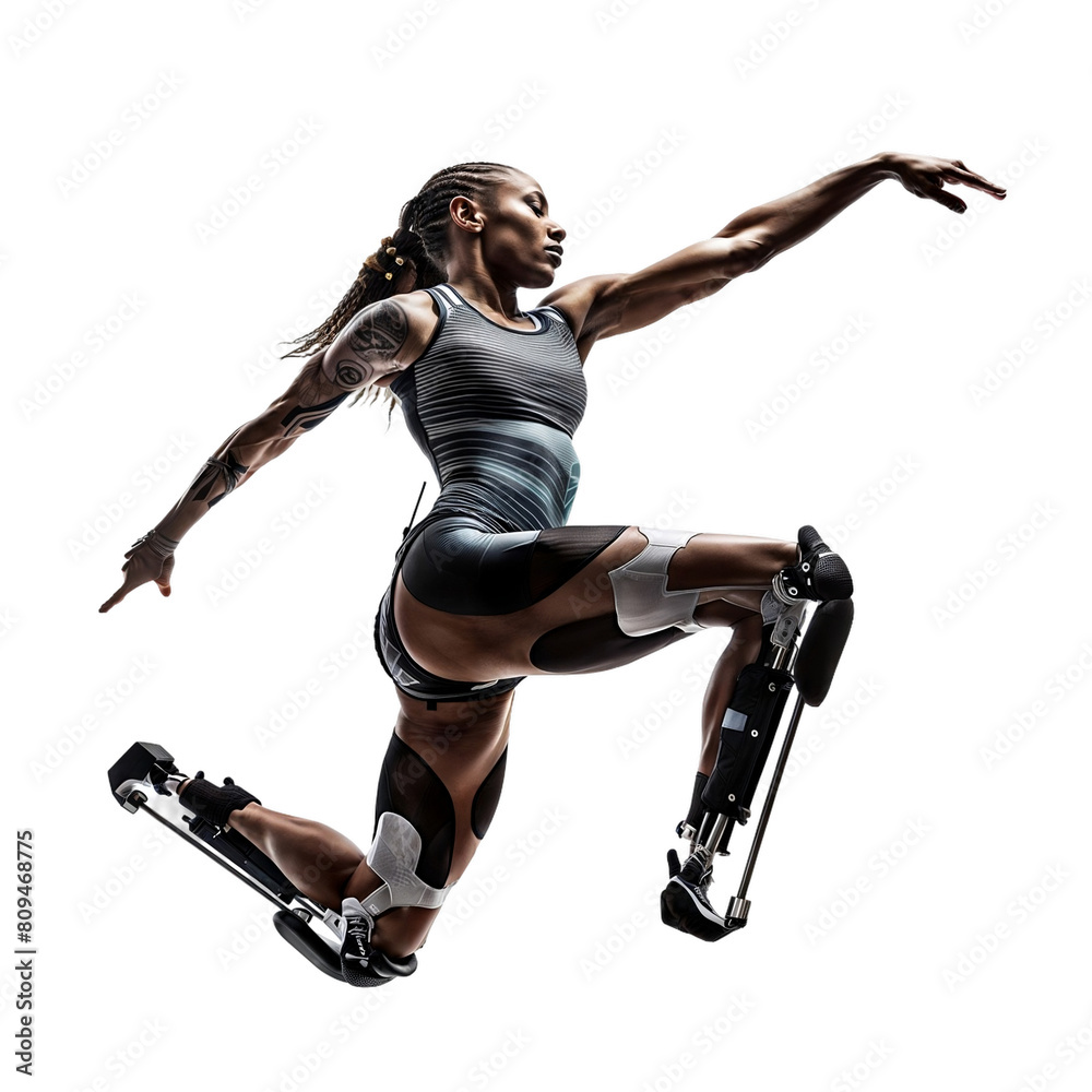 A disabled female athlete with prosthetic legs on transparent background. Para athletics. Paralympic and parasport concept. Full body view for set, poster, element for design A disabled female athlete with prosthetic legs on transparent background. Para athletics. Paralympic and parasport concept. Full body view for set, poster, element for design
