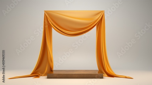 A yellow cloth hangs elegantly over a wooden stand in a display podium  copy space