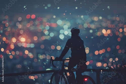 A cyclist paused at a city overlook at night, the cityscape lights merging into a brilliant bokeh photo