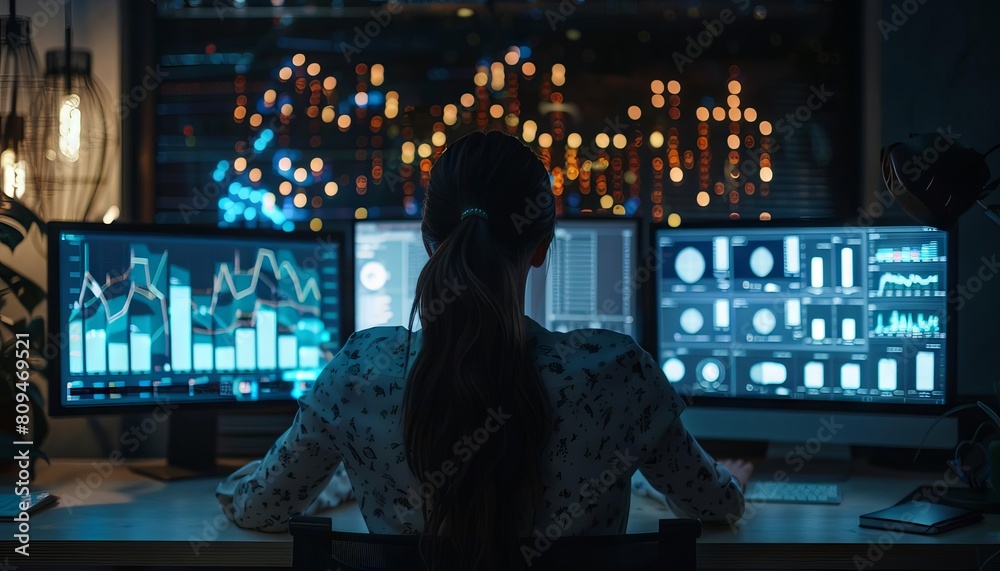 A data analyst working at night, surrounded by screens filled with charts and graphs on a black background A data analyst working at night, surrounded by screens filled with charts and graphs on a black background