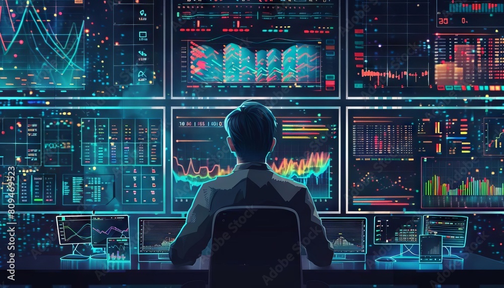 A data analyst working at night, surrounded by screens filled with charts and graphs on a black background A data analyst working at night, surrounded by screens filled with charts and graphs on a black background