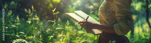 Concept development in a peaceful outdoor setting, an individual jotting down breakthrough ideas in a notebook surrounded by nature for inspirationRealistic Photography photo