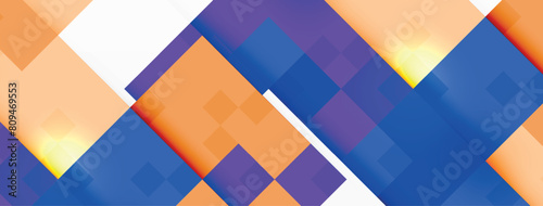 Colorfulness abounds in the purple and orange geometric pattern on a white background. Featuring rectangles, triangles, and a bold art style, this design is both vivid and eyecatching photo