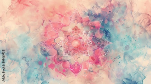 A delicate pastel mandala pattern against a watercolor background  symbolizing peace and balance