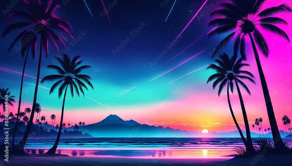 Beautiful beach at sunset in bright colors with copy space