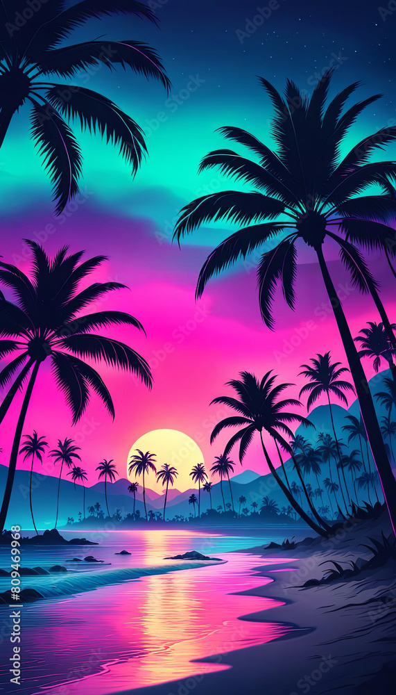 Tropical beach and sunset in bright colors with copy space