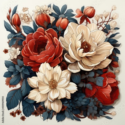 a painting of flowers and leaves 
