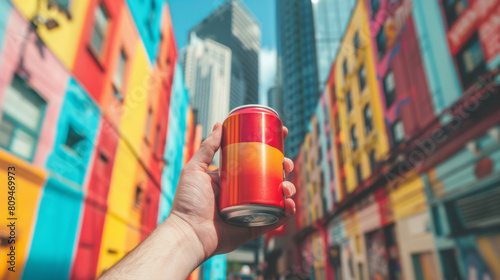 A person's hand holding a bright red soda can, set against a vibrant, colorfully painted urban street backdrop, highlighting urban lifestyle and culture.
 photo