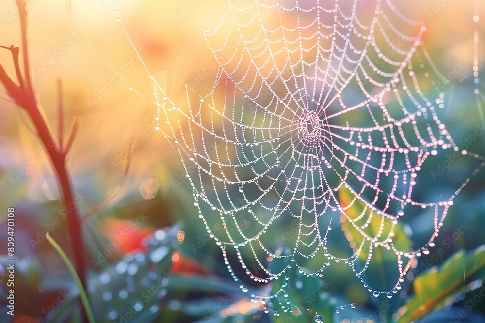 A detailed view of a spiderweb covered in morning dew, glistening in the sunlight A detailed view of a spiderweb covered in morning dew, glistening in the sunlight