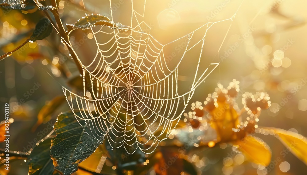 A detailed view of a spiderweb covered in morning dew, glistening in the sunlight