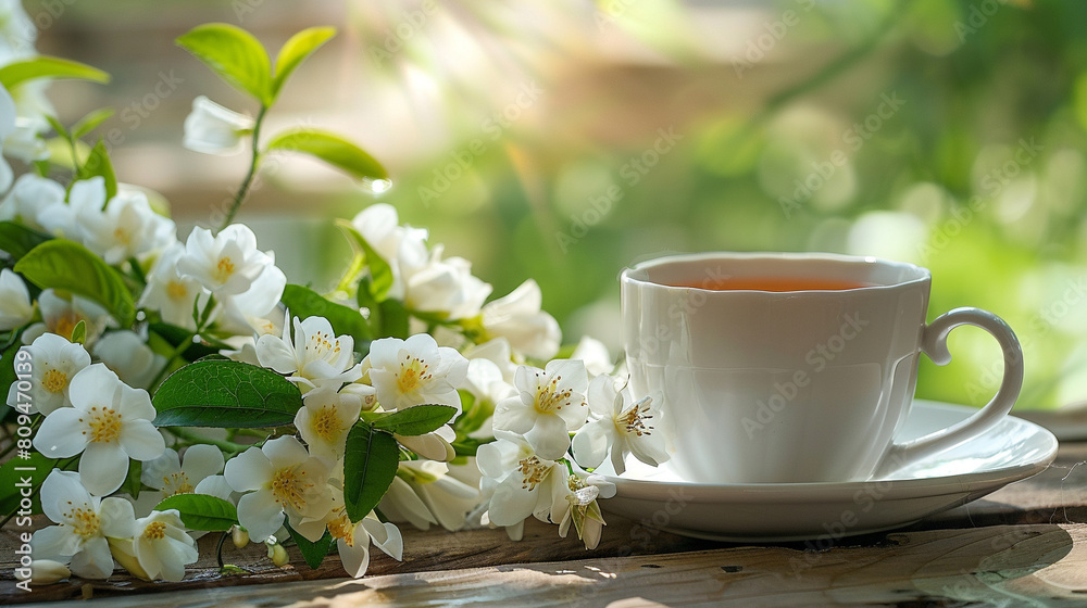 Cup of tea beside.a cheerful bouquet of white jasmine flowers. Cup of tea beside.a cheerful bouquet of white jasmine flowers.