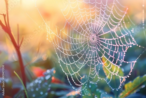 A detailed view of a spiderweb covered in morning dew, glistening in the sunlight